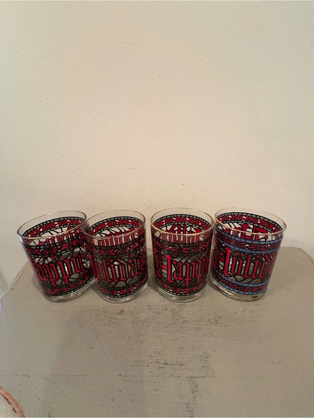 Four VTG Houze Stained Glass Happy Holidays Cocktail Glasses